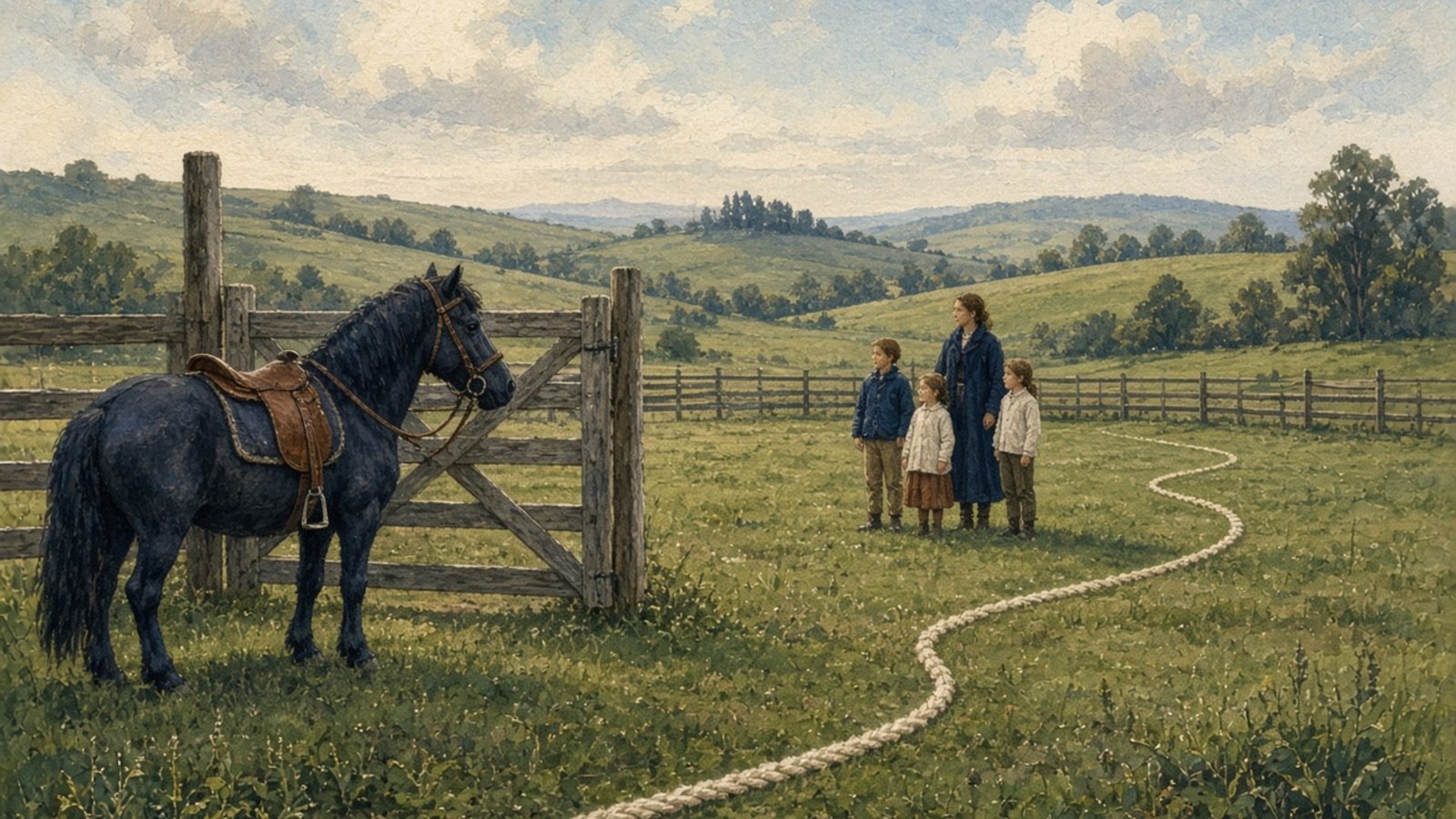 A calm pony, caregiver and young rider gather at a fictional arena gate.