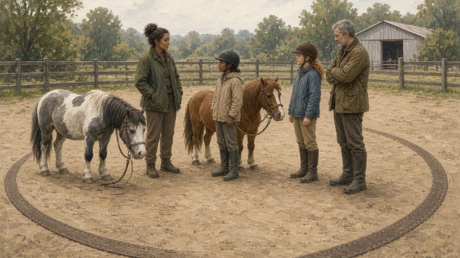 A supervised group has a calm fictional paddock briefing.