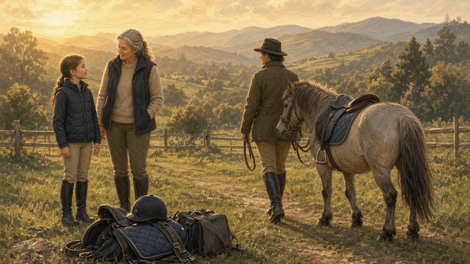 A caregiver and young rider complete a calm handoff after a session.