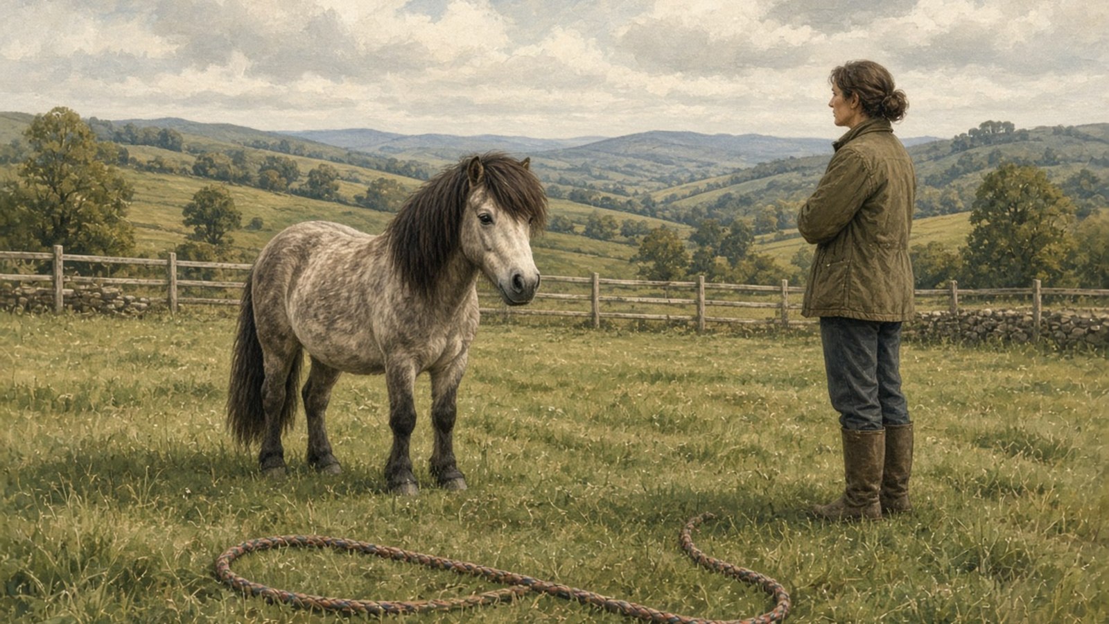 A calm pony is observed from a respectful distance.