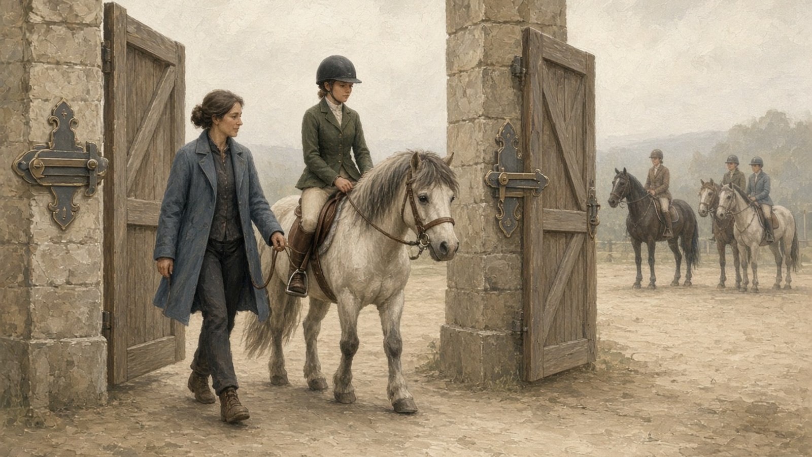 Adults and a pony move through a spacious fictional arena entrance.