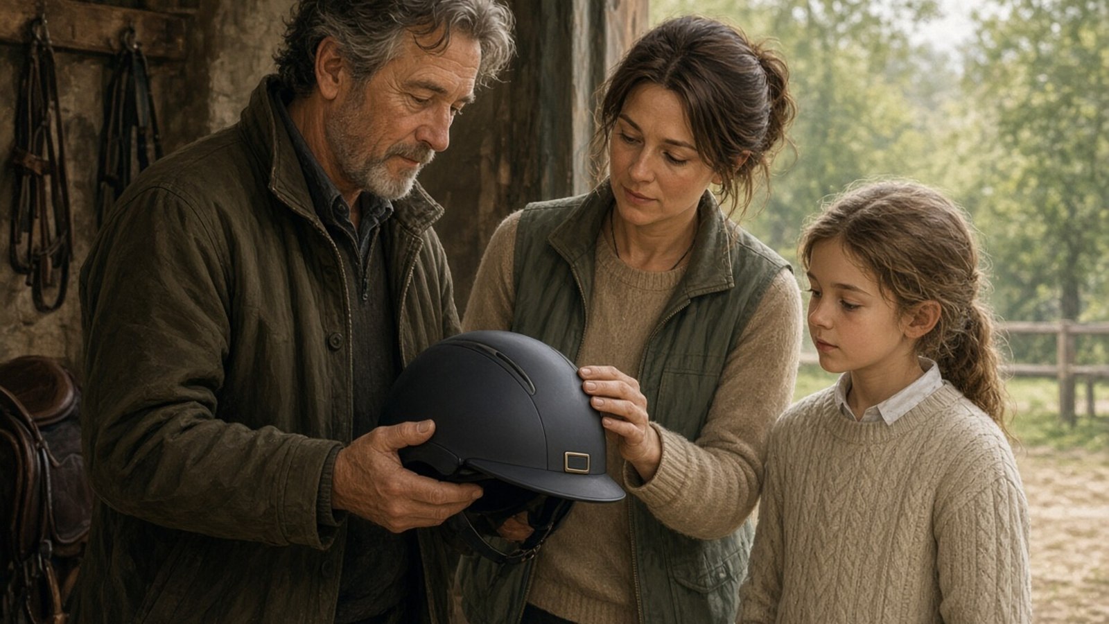 Adults discuss an unbranded equestrian helmet before activity.