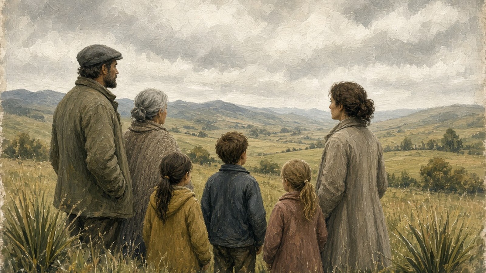 A calm group observes changing conditions in a fictional rural setting.