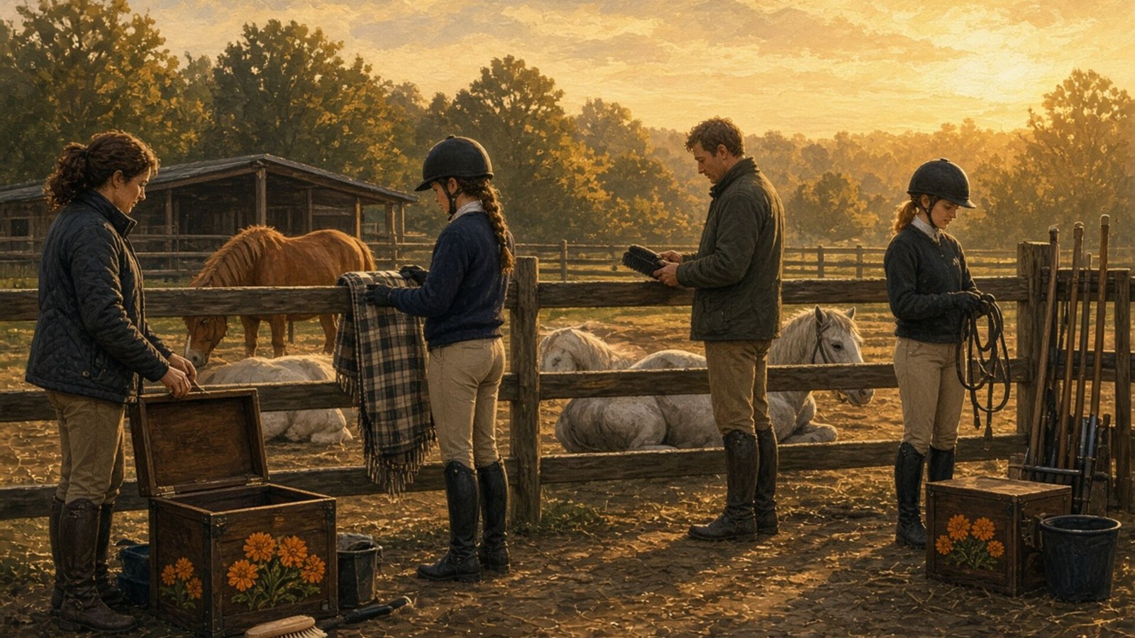 A calm end-of-day gathering in a fictional rural setting.