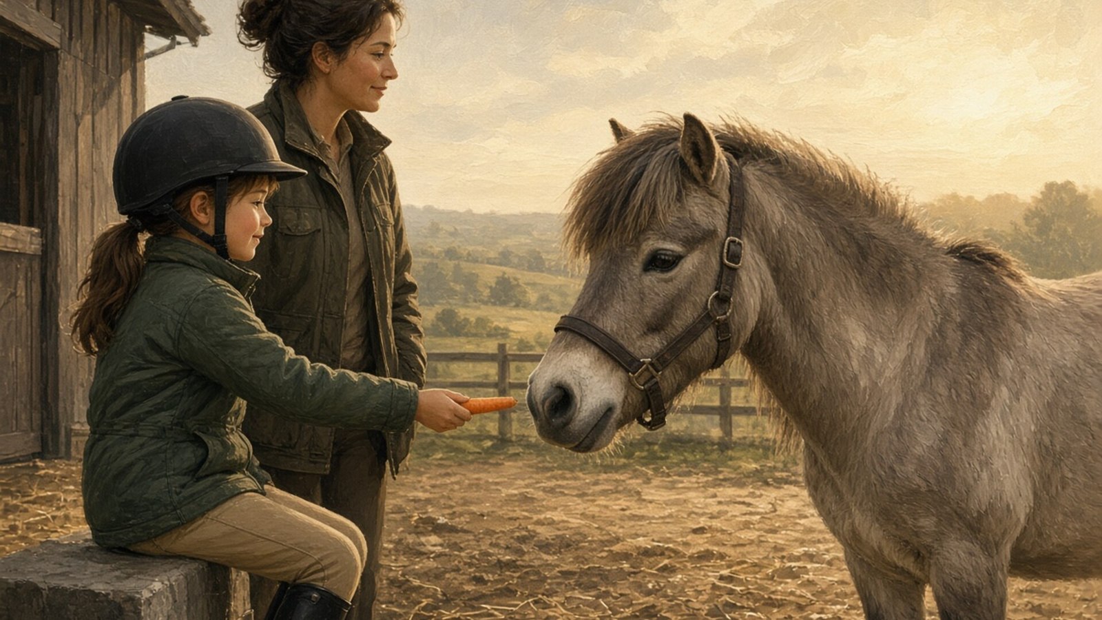 A calm fictional welfare moment between adults, young rider and pony.